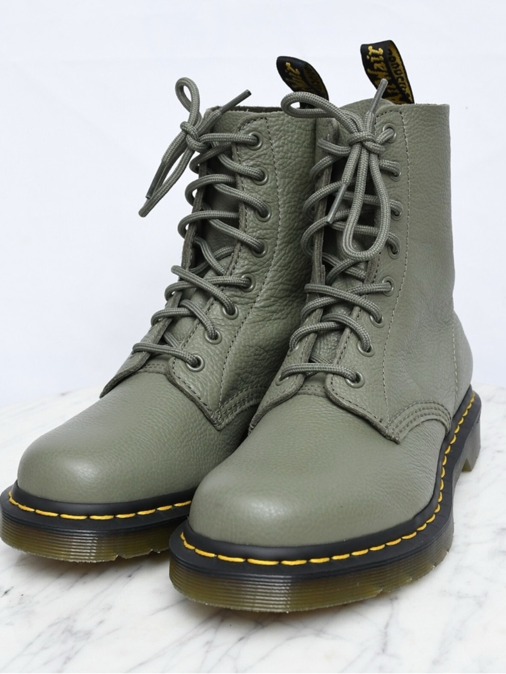Dr. Martens 1460 Virigna Leather Olive Green Leather Lace-Up Motorcycle Boots